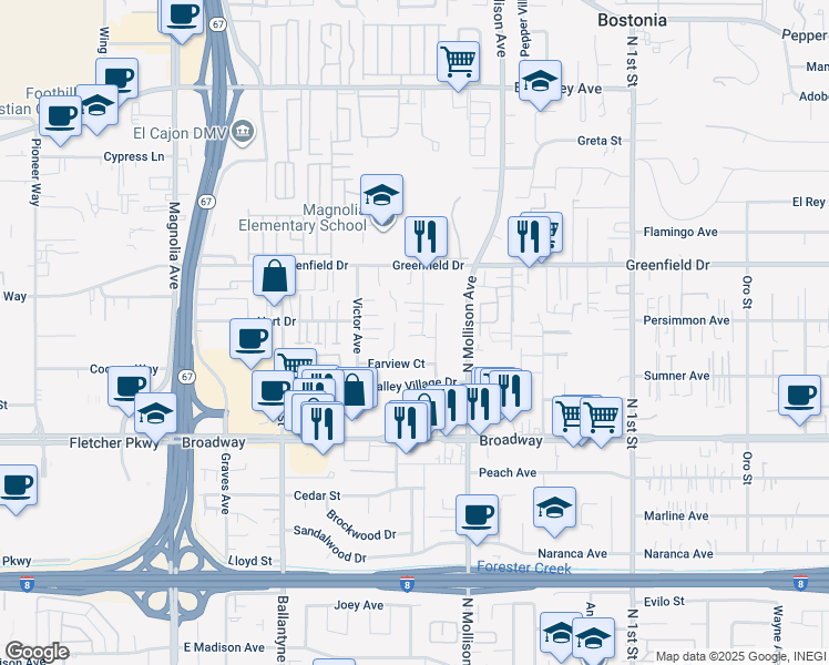 map of restaurants, bars, coffee shops, grocery stores, and more near Pierre Way in El Cajon