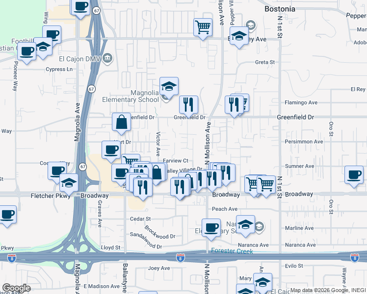 map of restaurants, bars, coffee shops, grocery stores, and more near 1135 Farview Court in El Cajon