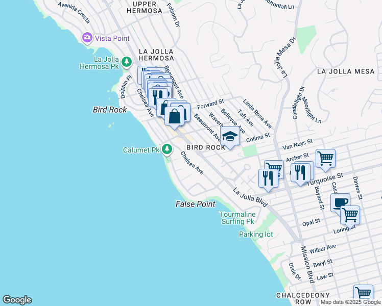 map of restaurants, bars, coffee shops, grocery stores, and more near 5442 La Jolla Boulevard in San Diego