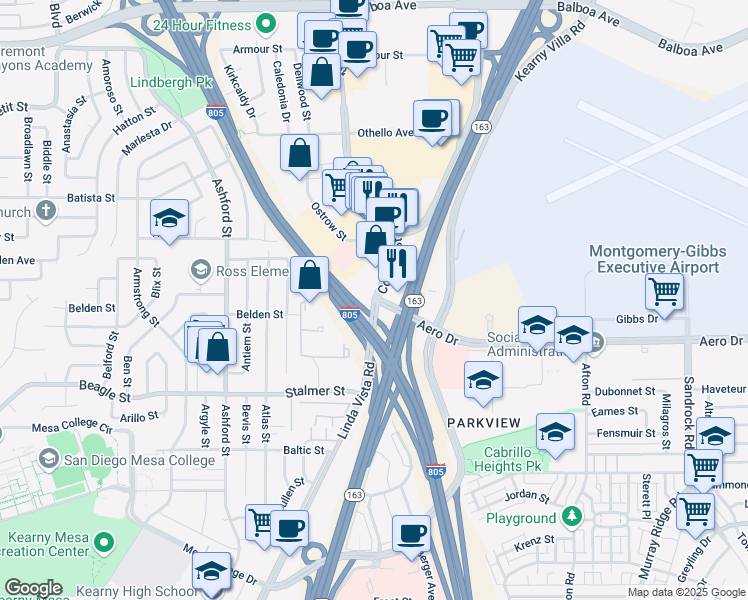 map of restaurants, bars, coffee shops, grocery stores, and more near Linda Vista Rd & Convoy St in San Diego