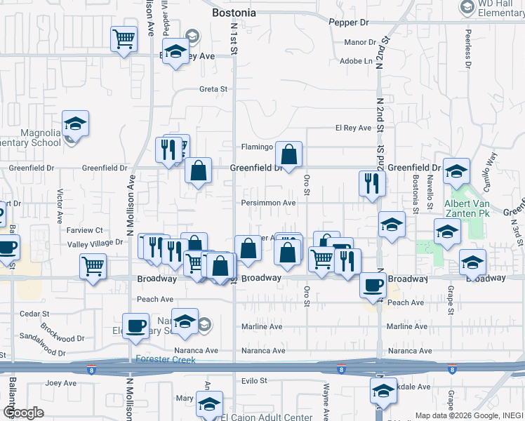 map of restaurants, bars, coffee shops, grocery stores, and more near 1133 Persimmon Avenue in El Cajon
