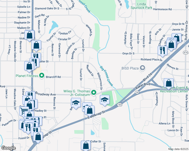 map of restaurants, bars, coffee shops, grocery stores, and more near 3404 Wendell Drive in North Richland Hills