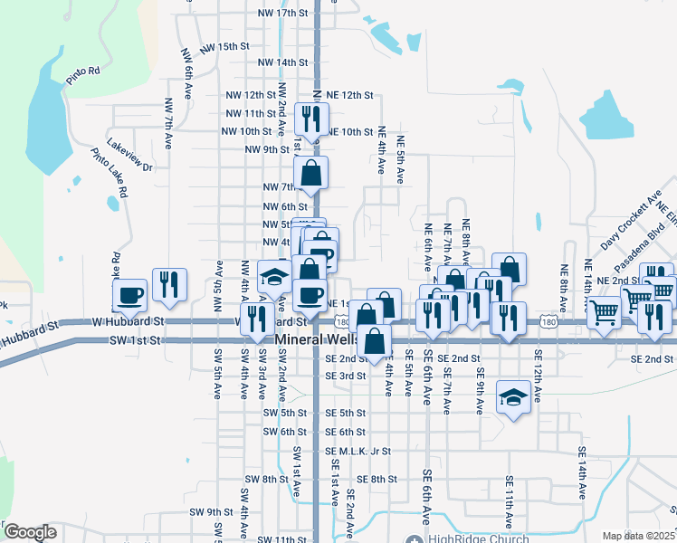 map of restaurants, bars, coffee shops, grocery stores, and more near 201 Northeast 2nd Street in Mineral Wells