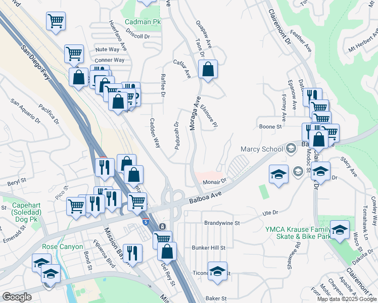 map of restaurants, bars, coffee shops, grocery stores, and more near 3855 Southview Drive in San Diego
