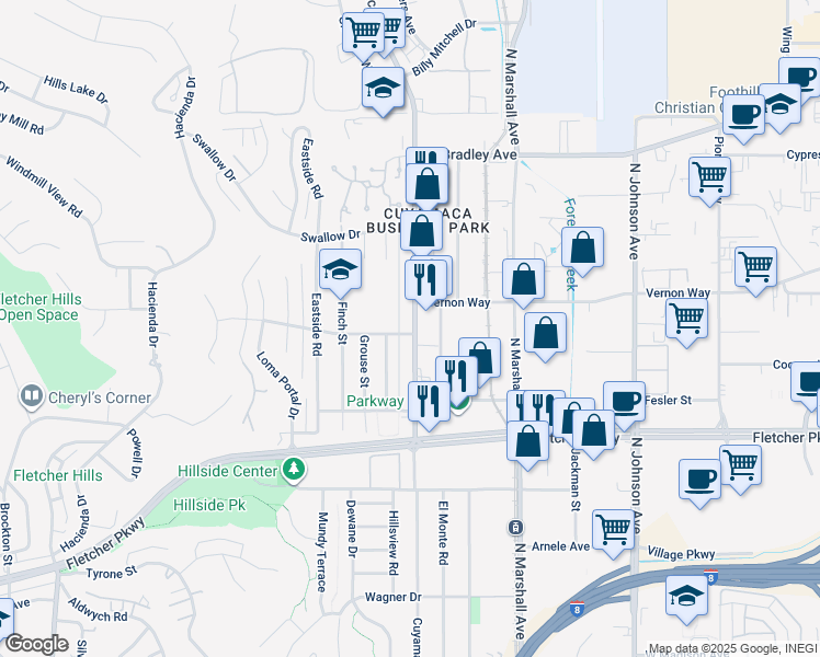 map of restaurants, bars, coffee shops, grocery stores, and more near 1300 Heron Avenue in El Cajon