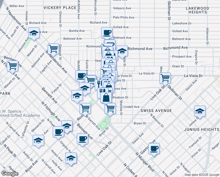 map of restaurants, bars, coffee shops, grocery stores, and more near Greenville Avenue & Ross Avenue in Dallas