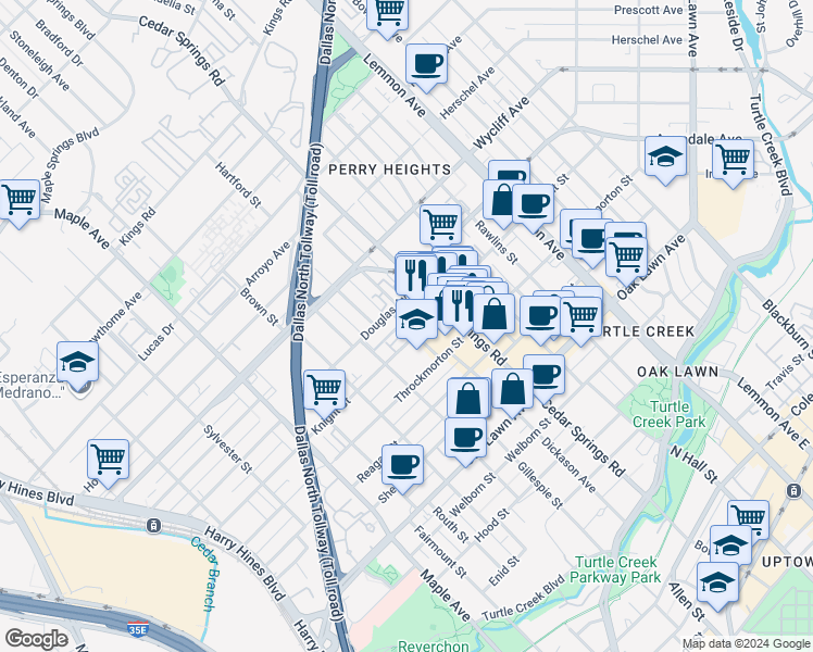 map of restaurants, bars, coffee shops, grocery stores, and more near 4230 Dickason Avenue in Dallas