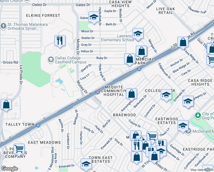 map of restaurants, bars, coffee shops, grocery stores, and more near 0 Interstate 30 Frontage Road in Mesquite