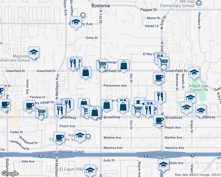 map of restaurants, bars, coffee shops, grocery stores, and more near 1127 Persimmon Avenue in El Cajon