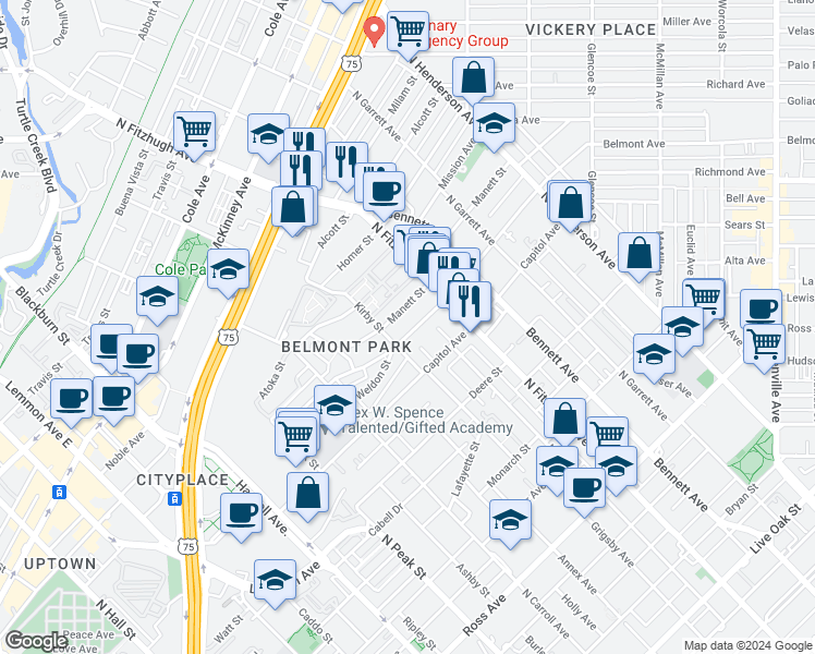 map of restaurants, bars, coffee shops, grocery stores, and more near 4721 Belmont Avenue in Dallas