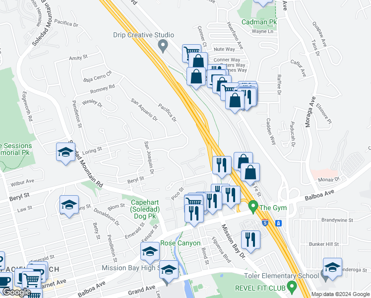 map of restaurants, bars, coffee shops, grocery stores, and more near 4957 Pacifica Drive in San Diego