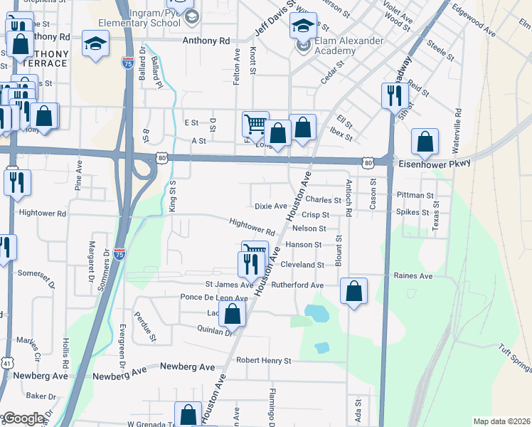 map of restaurants, bars, coffee shops, grocery stores, and more near 686 Dixie Avenue in Macon