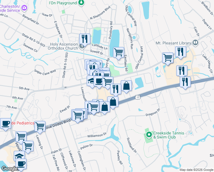 map of restaurants, bars, coffee shops, grocery stores, and more near 700 South Shelmore Boulevard in Mount Pleasant