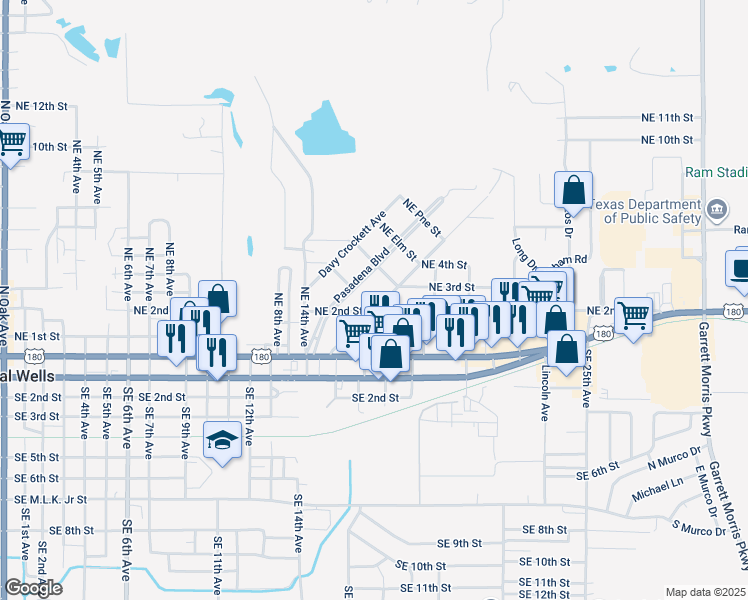 map of restaurants, bars, coffee shops, grocery stores, and more near 303 Sam Houston Avenue in Mineral Wells