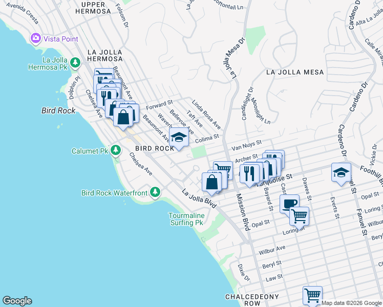 map of restaurants, bars, coffee shops, grocery stores, and more near 5371 La Jolla Hermosa Avenue in San Diego