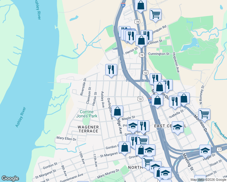 map of restaurants, bars, coffee shops, grocery stores, and more near 131 Darlington Avenue in Charleston