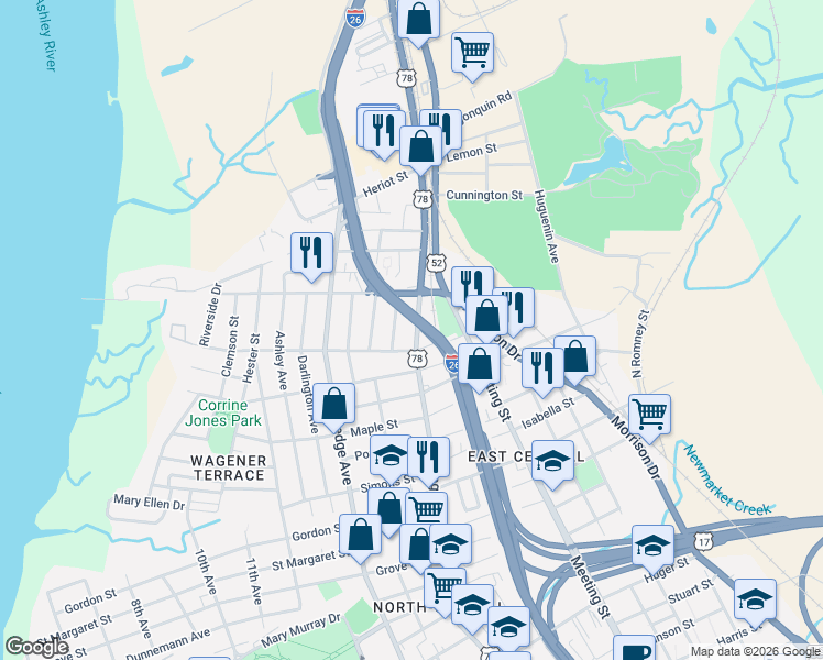 map of restaurants, bars, coffee shops, grocery stores, and more near 1190 King Street in Charleston