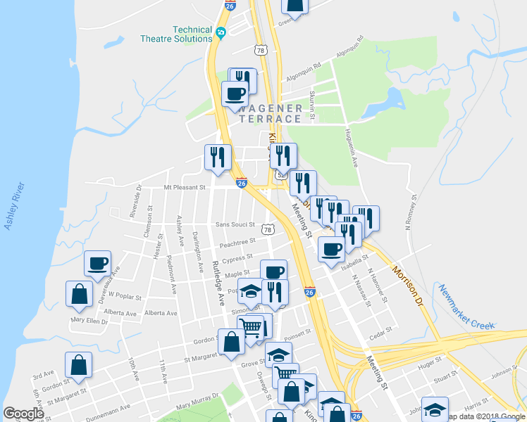 map of restaurants, bars, coffee shops, grocery stores, and more near 1190 King Street in Charleston