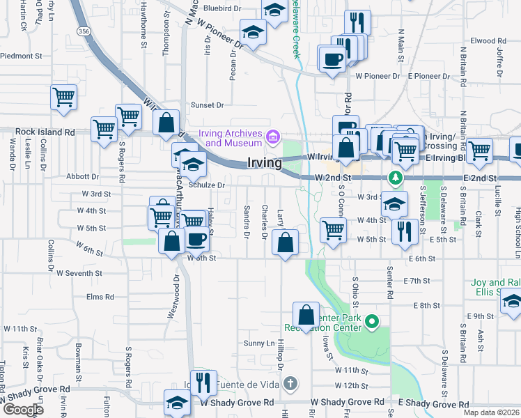 map of restaurants, bars, coffee shops, grocery stores, and more near 318 Sandra Drive in Irving