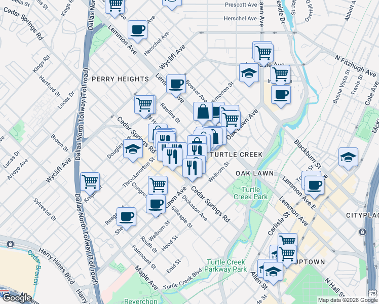 map of restaurants, bars, coffee shops, grocery stores, and more near 3302 Reagan Street in Dallas