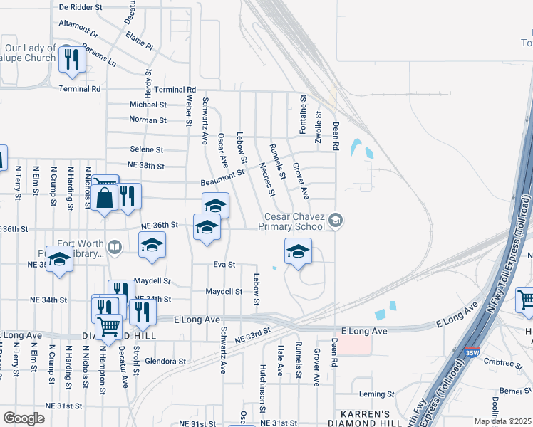map of restaurants, bars, coffee shops, grocery stores, and more near 3717 Lebow Street in Fort Worth