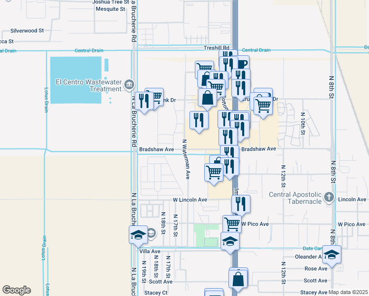 map of restaurants, bars, coffee shops, grocery stores, and more near 1850 Bradshaw Avenue in El Centro