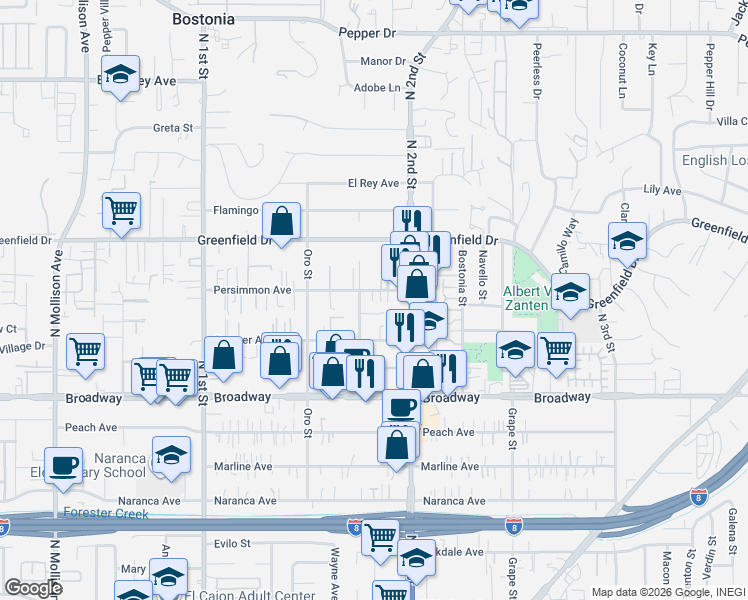map of restaurants, bars, coffee shops, grocery stores, and more near 1273 Persimmon Avenue in El Cajon