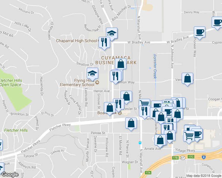 map of restaurants, bars, coffee shops, grocery stores, and more near 1343 Heron Avenue in El Cajon