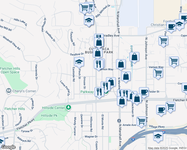 map of restaurants, bars, coffee shops, grocery stores, and more near 1343 Heron Avenue in El Cajon