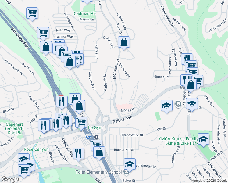 map of restaurants, bars, coffee shops, grocery stores, and more near 3843 Southview Drive in San Diego