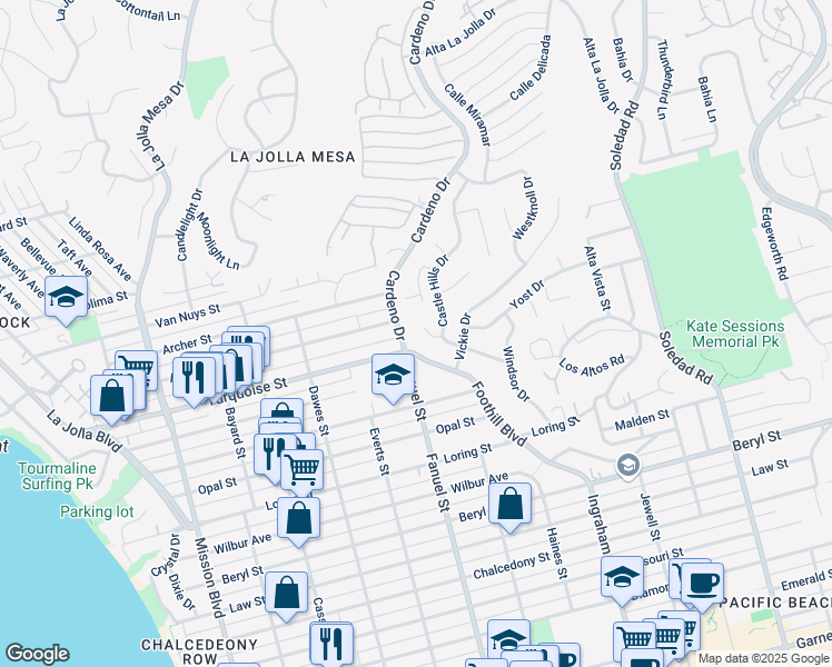 map of restaurants, bars, coffee shops, grocery stores, and more near 1341 Cary Way in San Diego