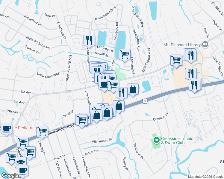 map of restaurants, bars, coffee shops, grocery stores, and more near 700 South Shelmore Boulevard in Mount Pleasant