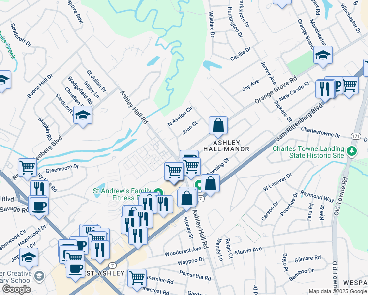 map of restaurants, bars, coffee shops, grocery stores, and more near 1706 West Avalon Circle in Charleston