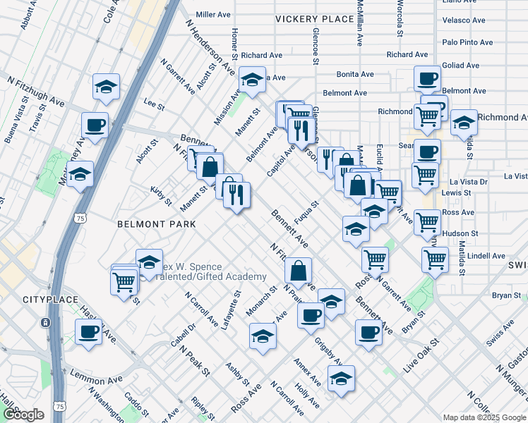 map of restaurants, bars, coffee shops, grocery stores, and more near 4977 Zuma Court in Dallas