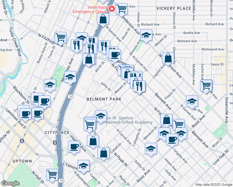 map of restaurants, bars, coffee shops, grocery stores, and more near 4640 Manett Street in Dallas