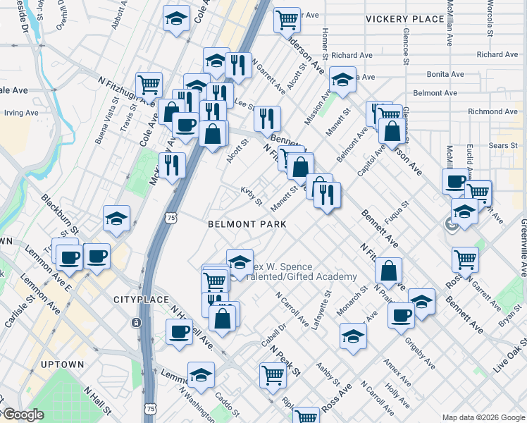 map of restaurants, bars, coffee shops, grocery stores, and more near 4640 Manett Street in Dallas