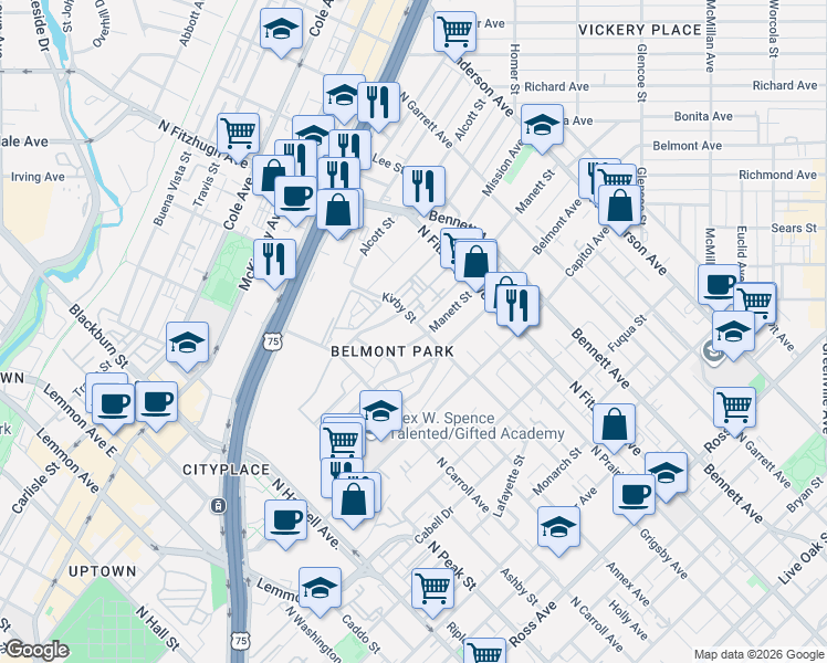 map of restaurants, bars, coffee shops, grocery stores, and more near 4640 Manett Street in Dallas