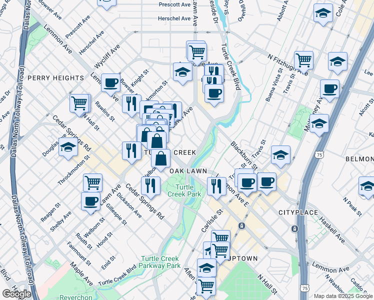 map of restaurants, bars, coffee shops, grocery stores, and more near 3525 Turtle Creek Boulevard in Dallas