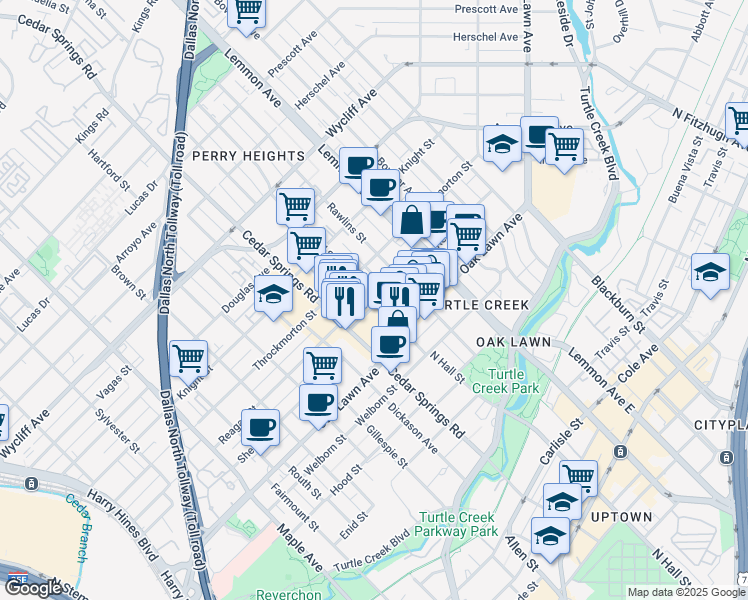 map of restaurants, bars, coffee shops, grocery stores, and more near 3818 North Hall Street in Dallas