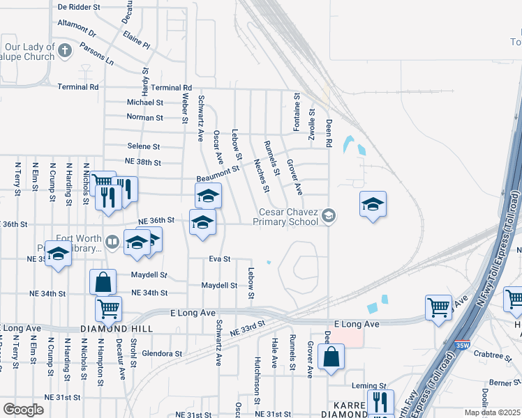 map of restaurants, bars, coffee shops, grocery stores, and more near 3717 Lebow Street in Fort Worth