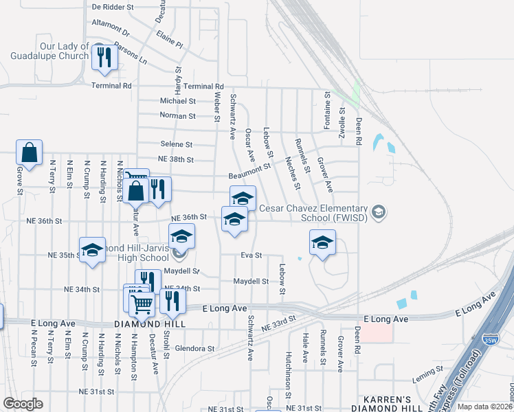 map of restaurants, bars, coffee shops, grocery stores, and more near 3708 Schwartz Avenue in Fort Worth