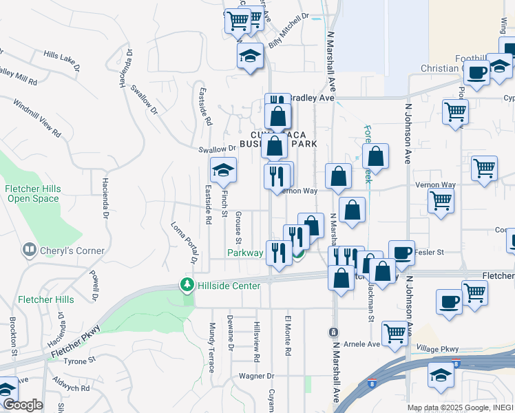 map of restaurants, bars, coffee shops, grocery stores, and more near 1340 Heron Avenue in El Cajon