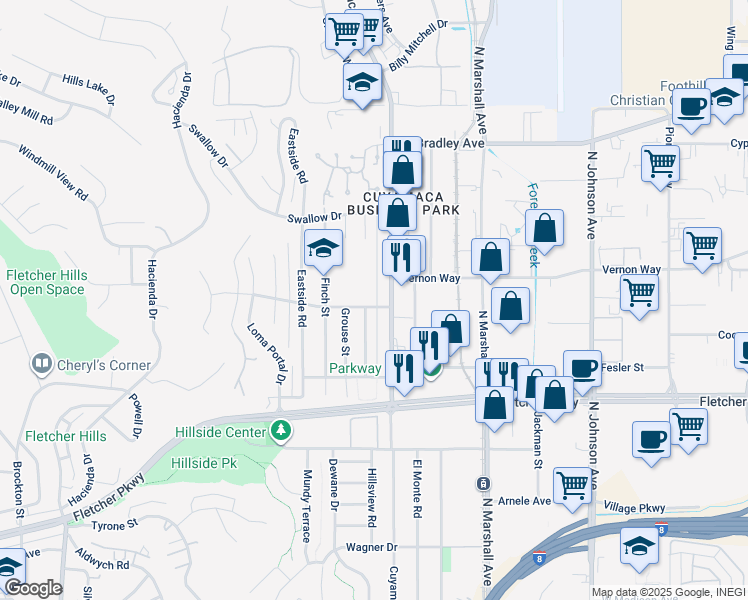 map of restaurants, bars, coffee shops, grocery stores, and more near 1340 Heron Avenue in El Cajon