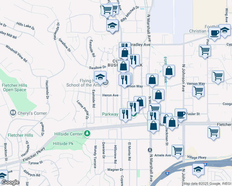 map of restaurants, bars, coffee shops, grocery stores, and more near 1340 Heron Avenue in El Cajon