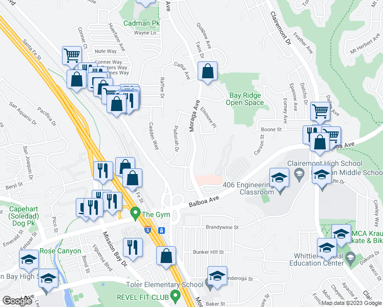 map of restaurants, bars, coffee shops, grocery stores, and more near 3855 Southview Drive in San Diego