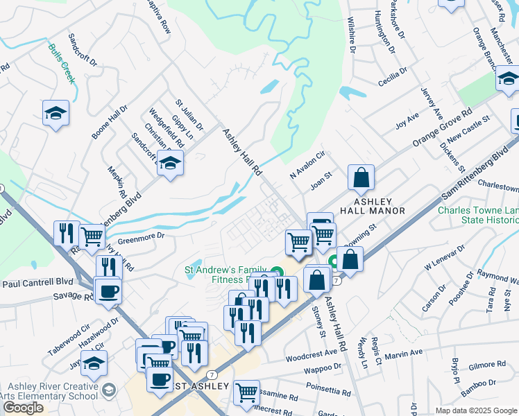 map of restaurants, bars, coffee shops, grocery stores, and more near 357 North Woodmere Drive in Charleston