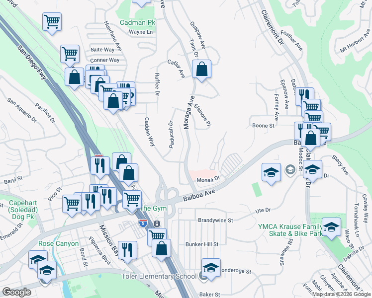map of restaurants, bars, coffee shops, grocery stores, and more near 3855 Southview Drive in San Diego