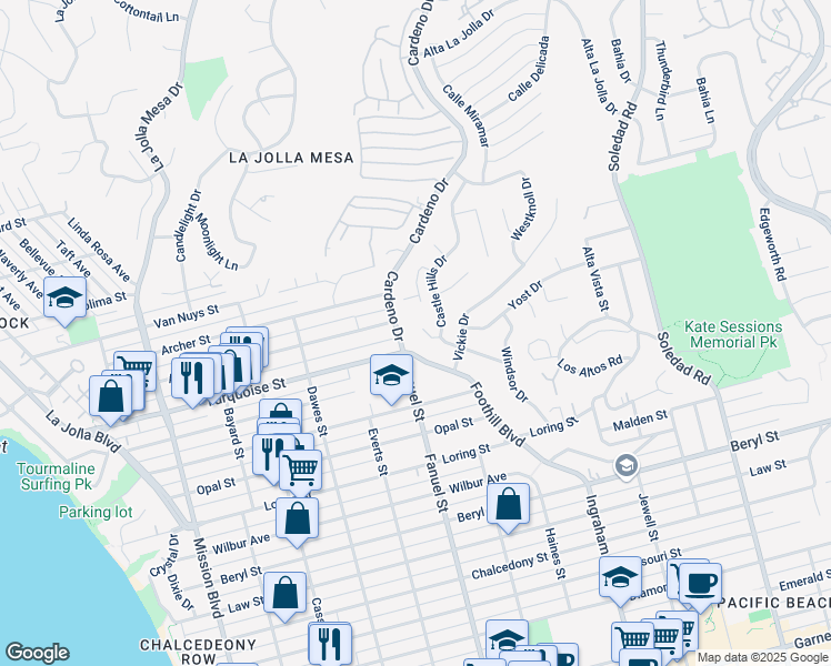 map of restaurants, bars, coffee shops, grocery stores, and more near 1341 Cary Way in San Diego