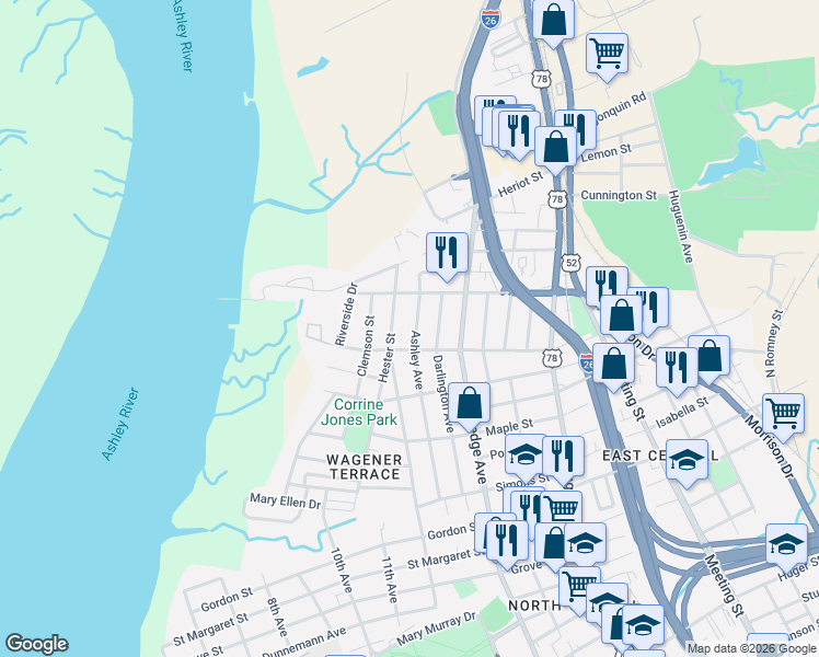 map of restaurants, bars, coffee shops, grocery stores, and more near 146 Sans Souci Street in Charleston