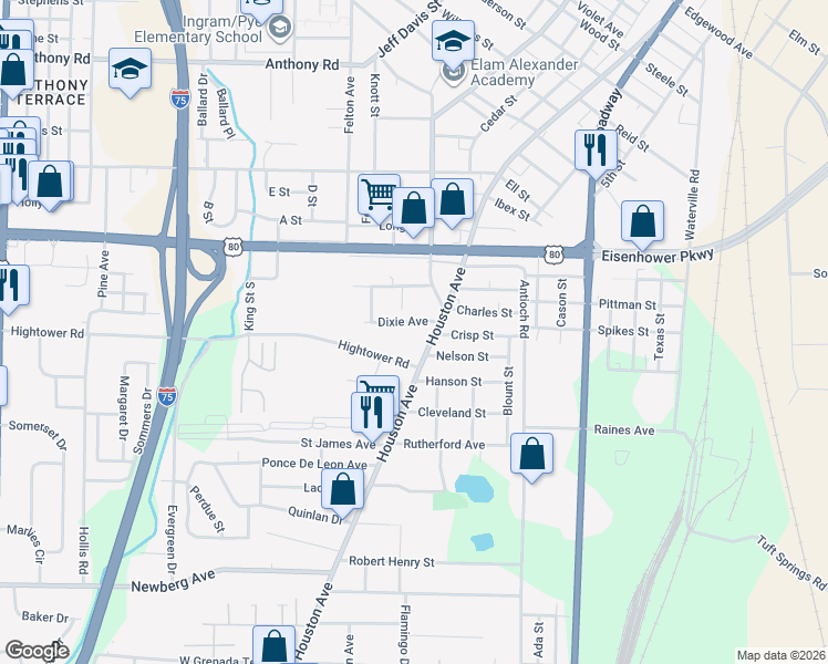 map of restaurants, bars, coffee shops, grocery stores, and more near 686 Dixie Avenue in Macon